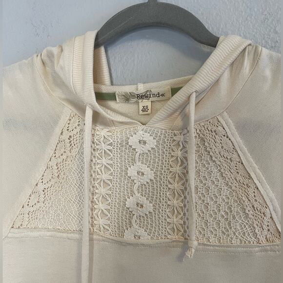 Rewind Lace Overlay Lightweight Pullover Hoodie Cream - Picture 4 of 5